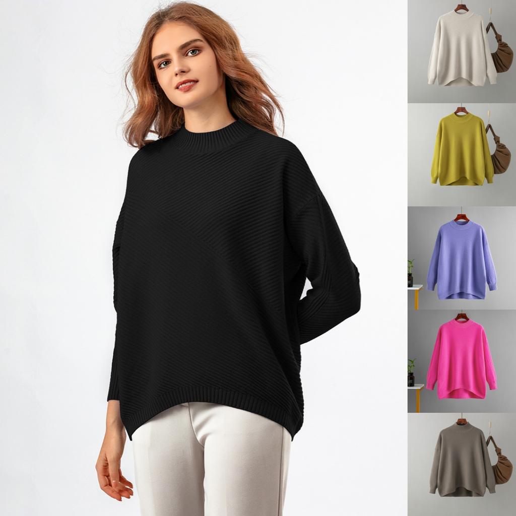 Autumn Winter Vintage Loose Large Sleeve Top Solid Color Pullover Knitwear Half High Collar Sweater