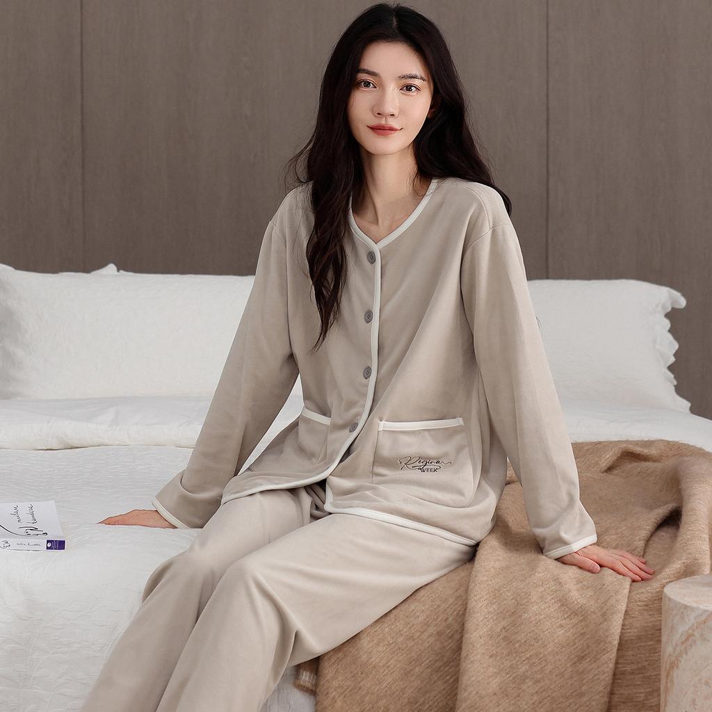 Pajamas Women'S Autumn And Winter Fleece Thickened Coral Fleece Can Be Worn Outside Island Fleece Loungewear Thin Fleece Set