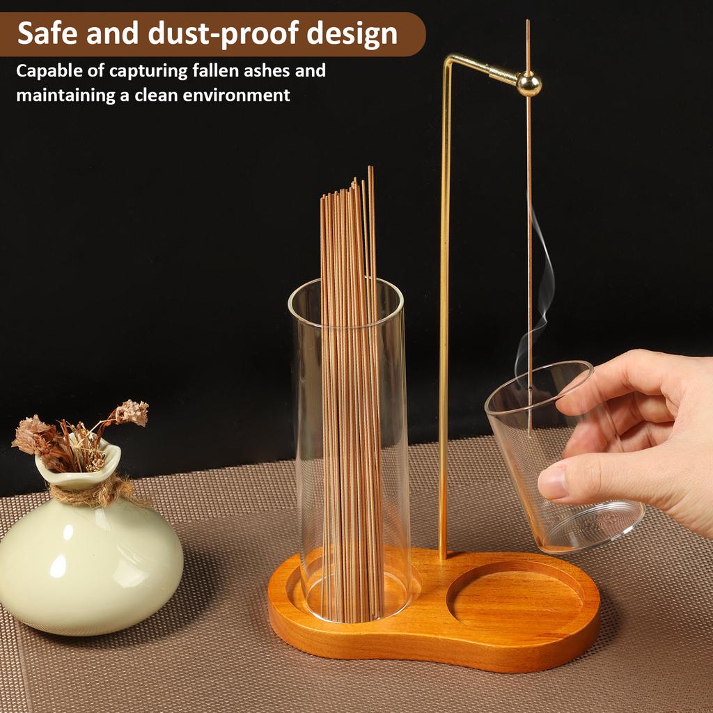 2 in1 Incense Holder Wooden Upside Down Incense Holder Anti-Ash Flying Incense Burne with Glass Ash Catcher and Sticks Organizer