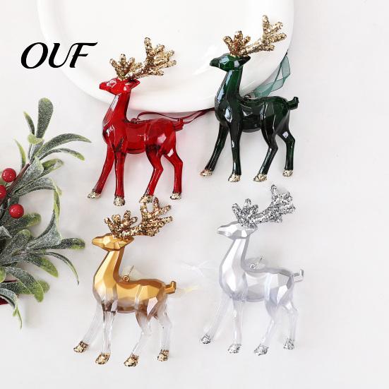 Xmas Tree Decorations with Lanyard 3D Reindeer Christmas Ornament, Glitter Sequins Plastic Elk Hanging Seasonal Party Decoration for Holiday