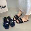 Flat Bottom Buckle One-word Slippers Women's 2025 Summer New Fashionable Versatile Denim Square Head Wearing Beach Cool Slippers