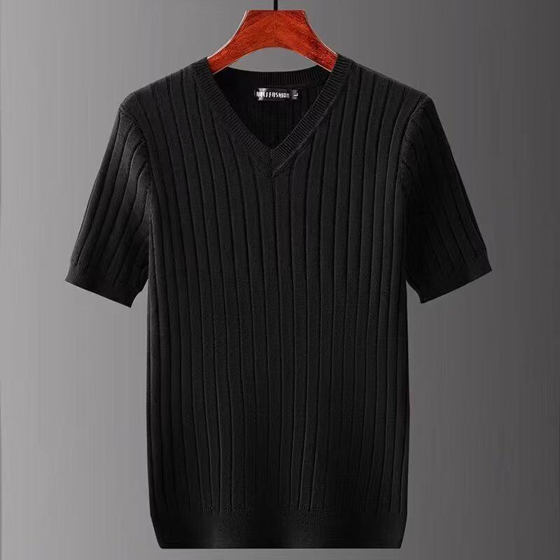 Мужская трикотажная футболка с V-образным вырезом, облегающего кроя, из ледяного шелка - с рукавами пять четвертей, универсальный летний модный топ