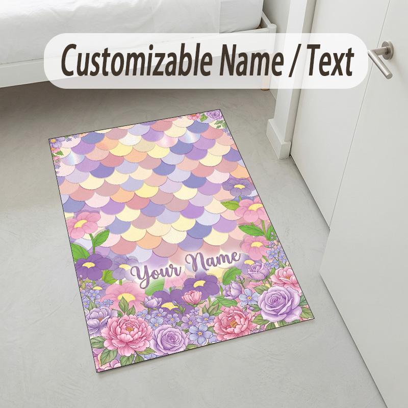 Pastel Floral Theme Soft Crystal Velvet Rug Custom Name & Text Print Non Slip Floor Rug for Bedroom Living Room
