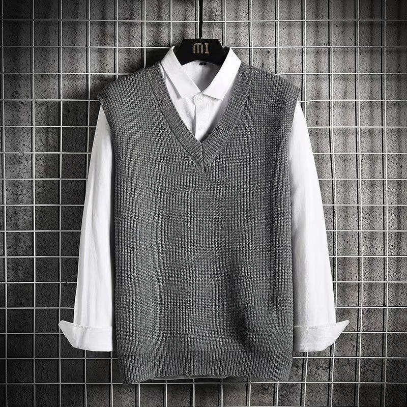 Мужской вязаный жилет в гонконгском стиле – однотонный, свободный крой, без рукавов, идеально подходит для осени и зимы