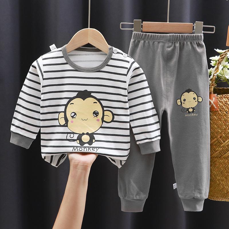 Cartoon Kids 100% Cotton Underwear Set Boys & Girls Thermal Pajamas Soft Long Sleeve Top & Pants Cozy Homewear & Sleepwear