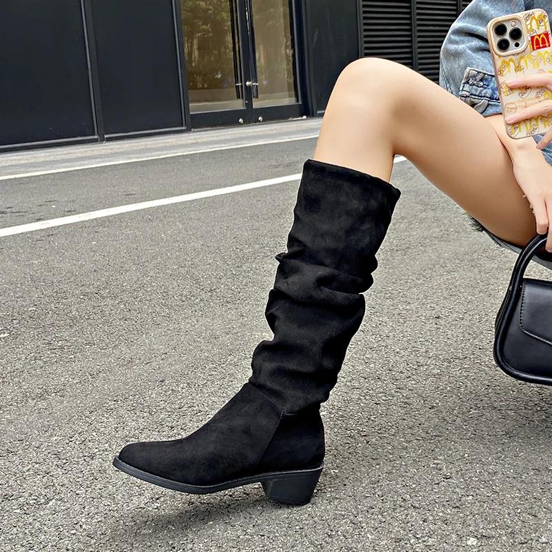 Квадратный каблук, высокие сапоги до колена, весна/осень, острый носок 2024, высококачественная женская обувь, однотонные женские сапоги на среднем каблуке