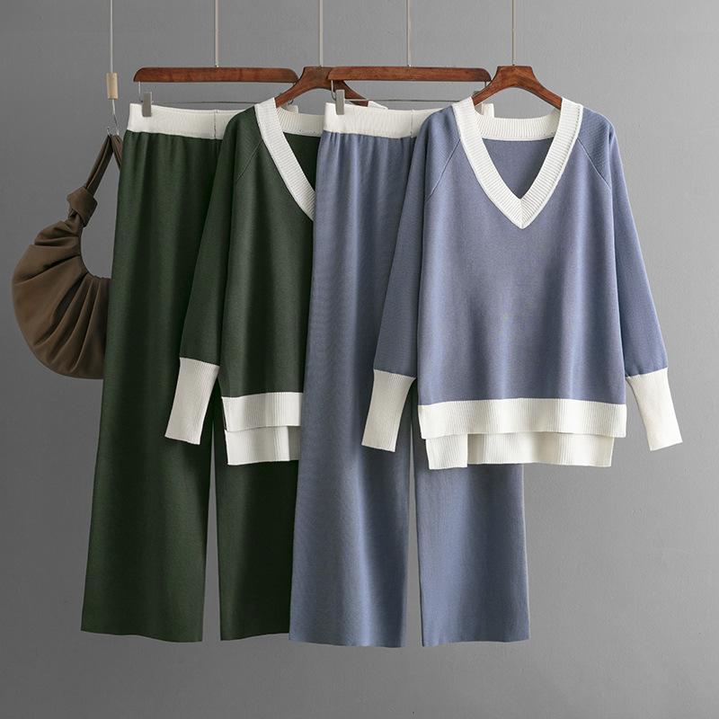 2Pcs Set Solid Patchwork Casual Fashion Knit Set for Women V-neck Loose Top High Waist Straight Wide-leg Pants Soft Stylish Breathable Sweater Set