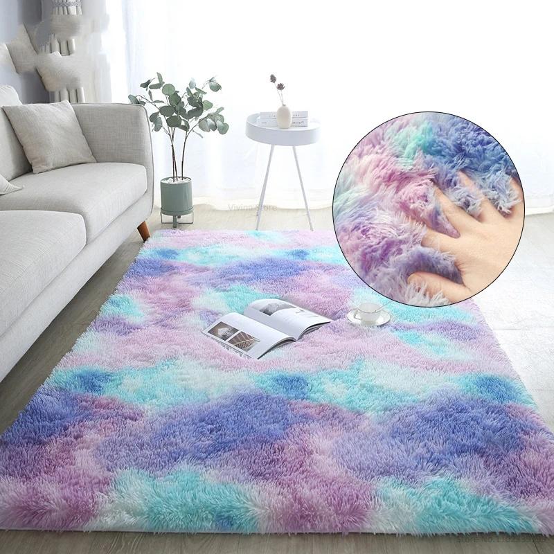 Rainbow Fluffy Carpet Tie-dye Plush Rug Gradient Silk Wool Bedside Rug Non-Slip Mat Soft Plush Area Carpet Room Decoration