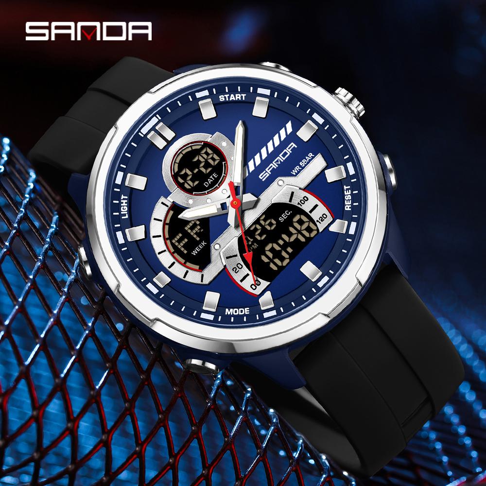 SANDA 9077 Светодиодные ночные часы Мужские электронные часы Новые модные мужские электронные часы Многофункциональные Спортивные Водонепроницаемые