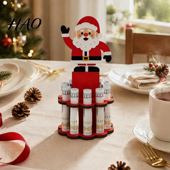 Decorative Ornament for Home Wooden Christmas Money Holder Stand, Santa Snowman Tree Cash Office Party Festive Supplies Clip Display, Holiday Tabletop