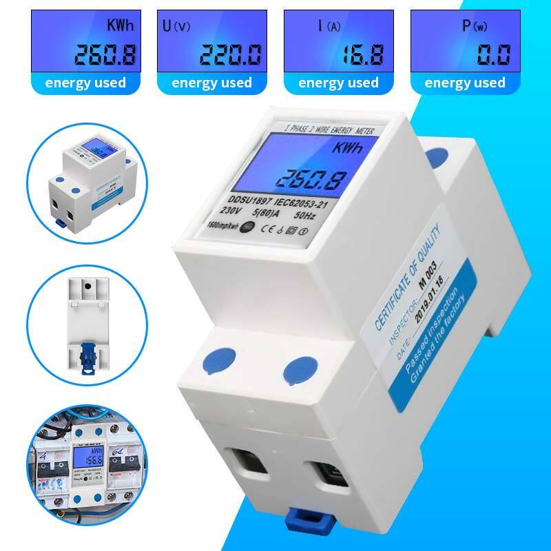 35mm LCD Display Din Rail Energy Meter AC 230V 5(80) A 50HZ/60HZ Power Meter Rail-Type Energy Meter