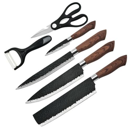 6-piece stainless steel knife set featuring a chef's knife, Santoku knife, vegetable knife, sashimi knife, paring knife, scissors, ceramic peeler, and
