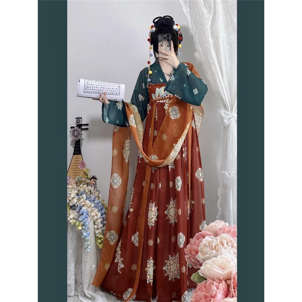 Chinese Tang Dynasty Style Print Restored Hanfu One-piece Chest-length Skirt Suit For Women