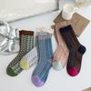 Retro-style Autumn and Winter Women's Mid-calf Socks with Floral Embossed Patterns, Fashionable and Versatile Casual Women's Socks