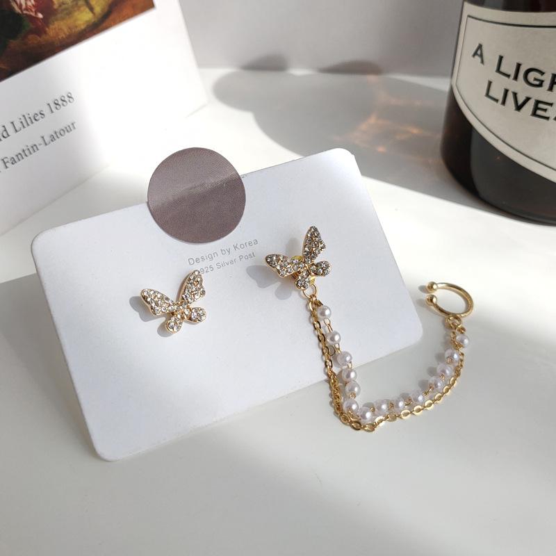 Корейские серьги-гвоздики в виде бабочки со стразами для женщин и девочек, милые модные металлические манжеты с цепочкой-кисточкой, букле-дорейль, ювелирные изделия
