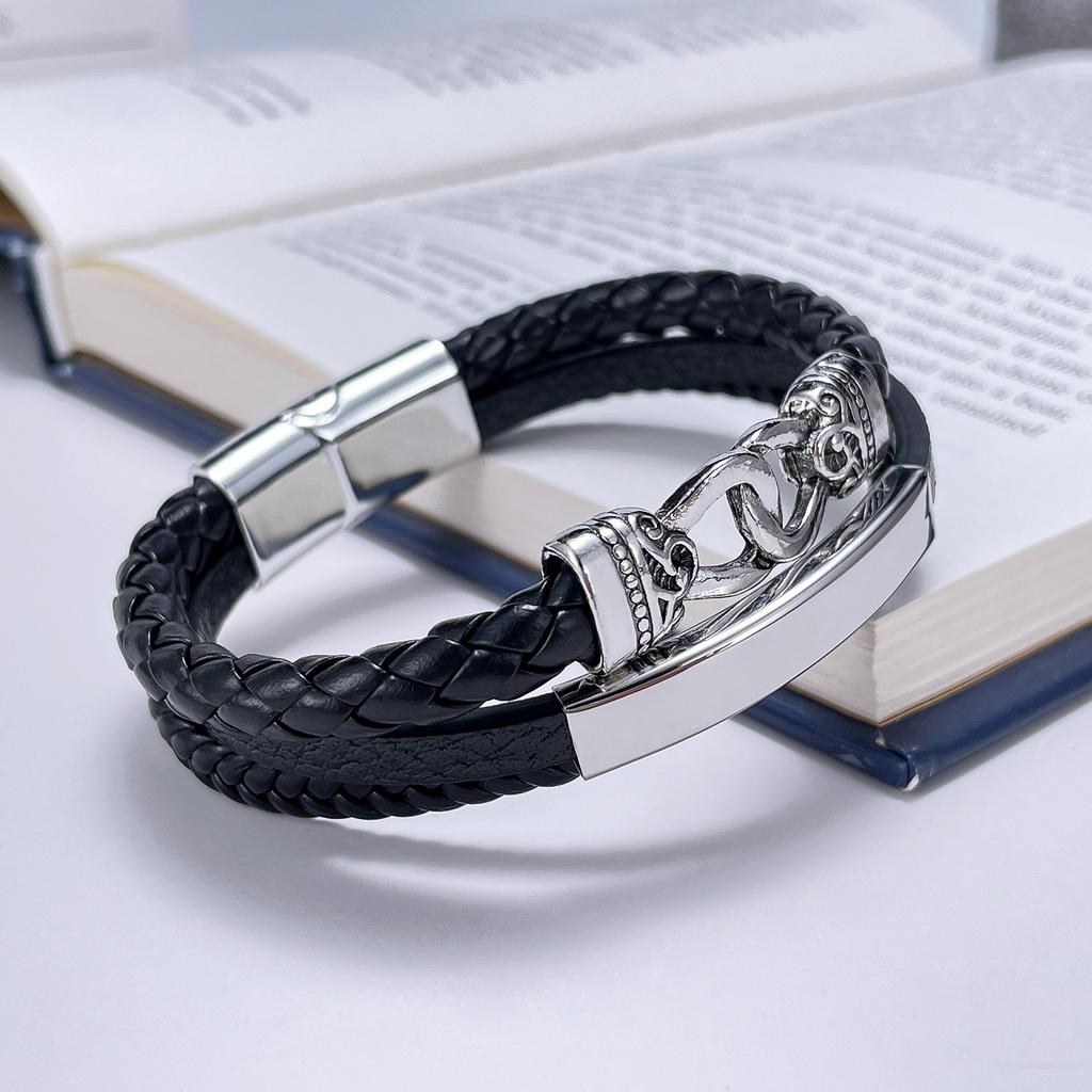 Stainless Steel Interlocking Personalized Woven Multi -Layer Leather Bracelet For Men
