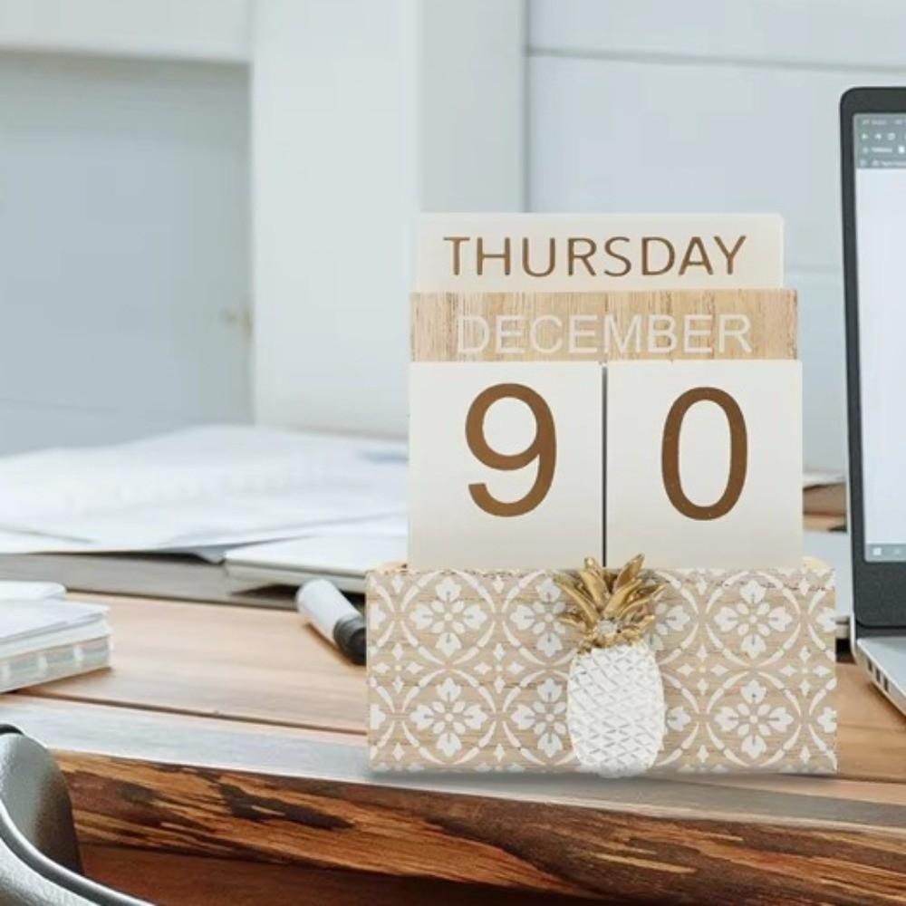 Pineapple Desk Calendar Ornament Cactus Date Display Ornament Wooden Perpetual Calendar Office