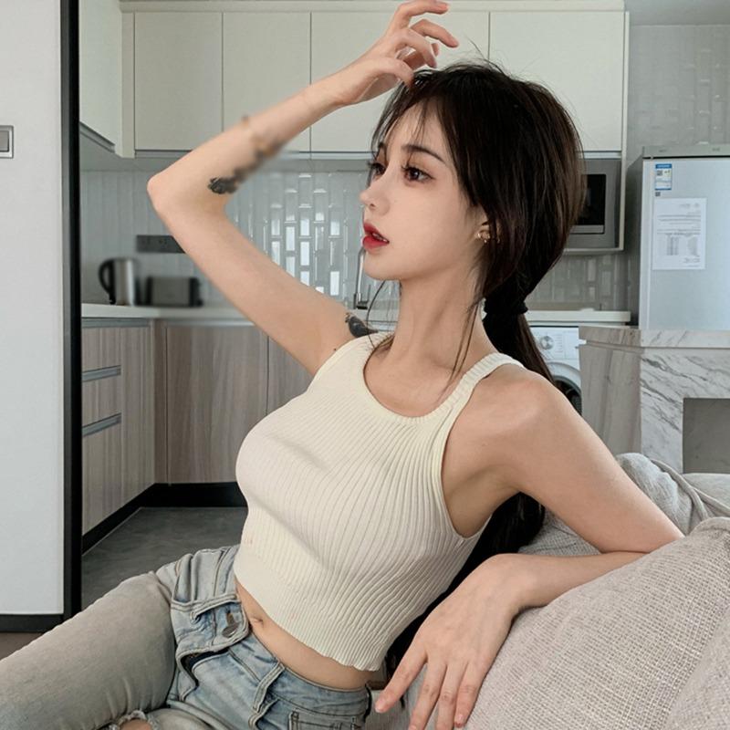 Женская камзол с воротником на шее, легкий укороченный топ, футболка без рукавов, майка, однотонная повседневная базовая рубашка