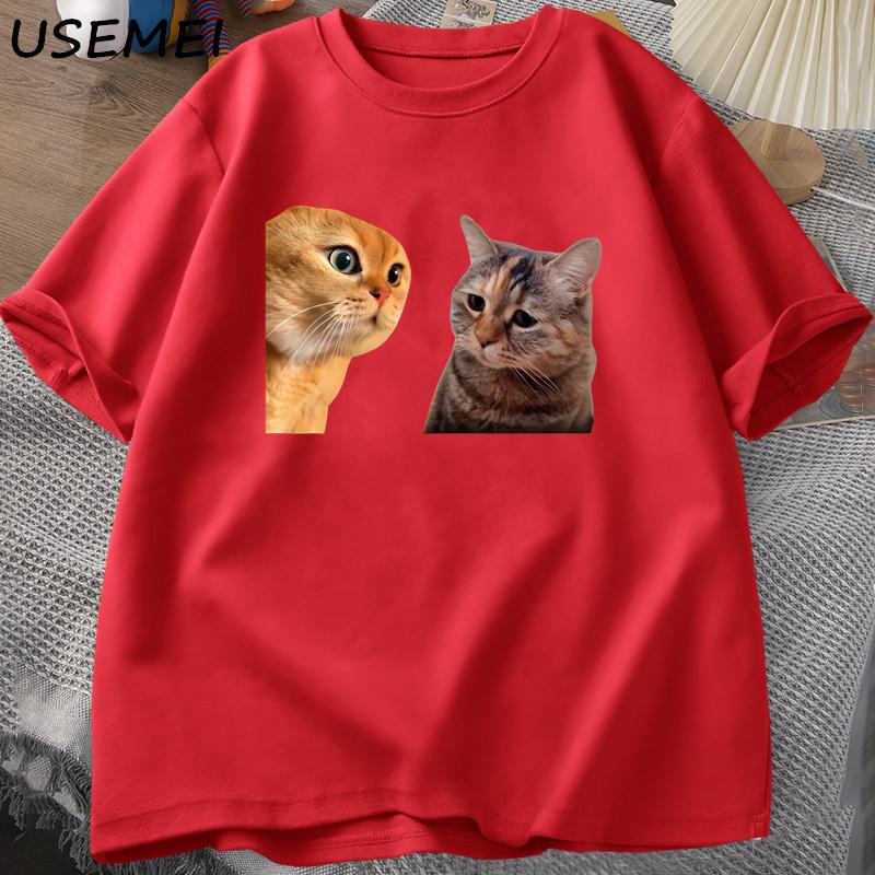 Sad Cat Mewing T-shirt Funny Two Cats Talking Meme Grpahic T Shirts Women Men's Cotton T-shirt Summer Short Sleeves Tees