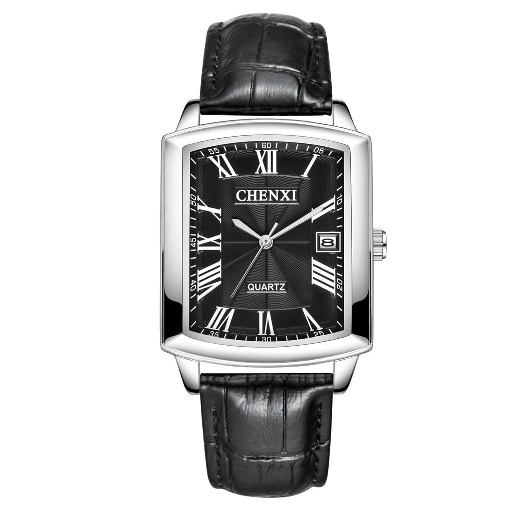 Watch Genuine Leather Strap Calendar Pair 3ATM Waterproof Roman Numeral Analog Display Square Simple Leather Belt Length Adjustable Quartz Couple