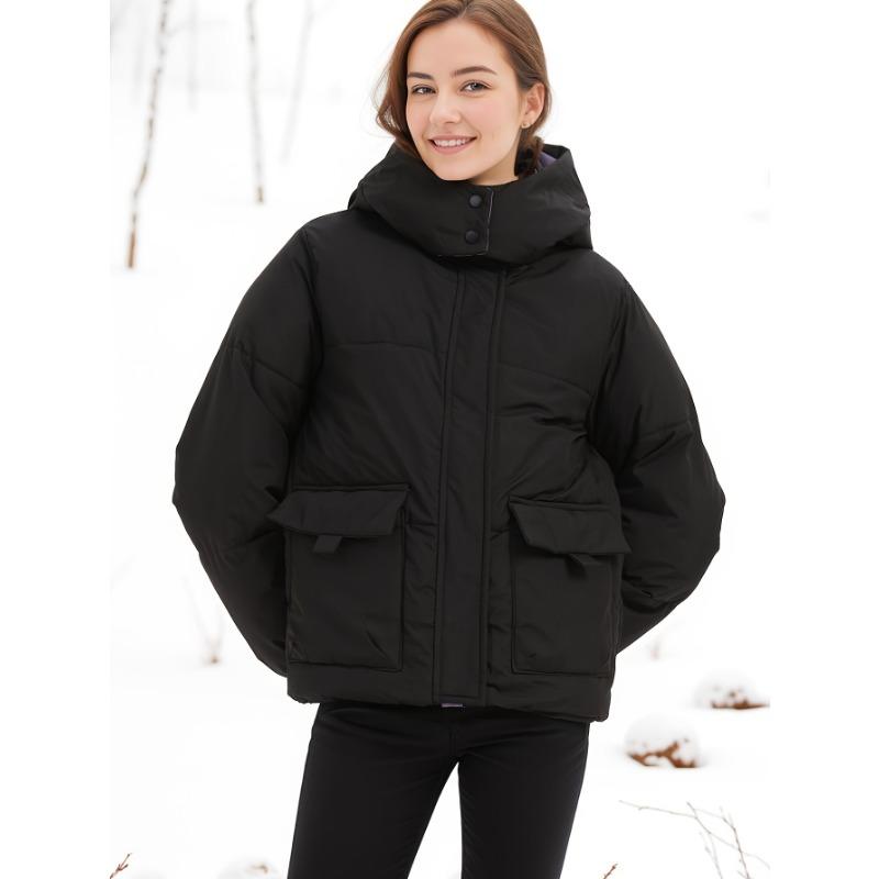 Women Autumn Winter Hooded Padded Warm Color Block Short Cotton Coat