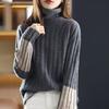 Women Winter Autumn Sweater Turtleneck Neck Protection Long Sleeve Knitted Warm Thick Soft Pullover Color Block Patchwork Lady Sweater