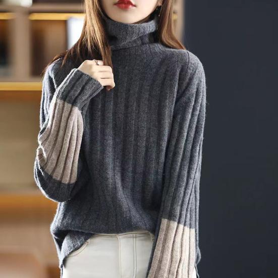 Women Winter Autumn Sweater Turtleneck Neck Protection Long Sleeve Knitted Warm Thick Soft Pullover Color Block Patchwork Lady Sweater