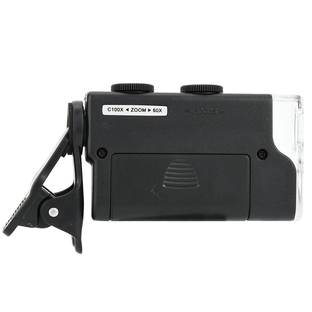 Микроскоп для телефона Увеличитель 60~100-кратное увеличение со светодиодной и УФ-подсветкой Наблюдение за крошечными объектами