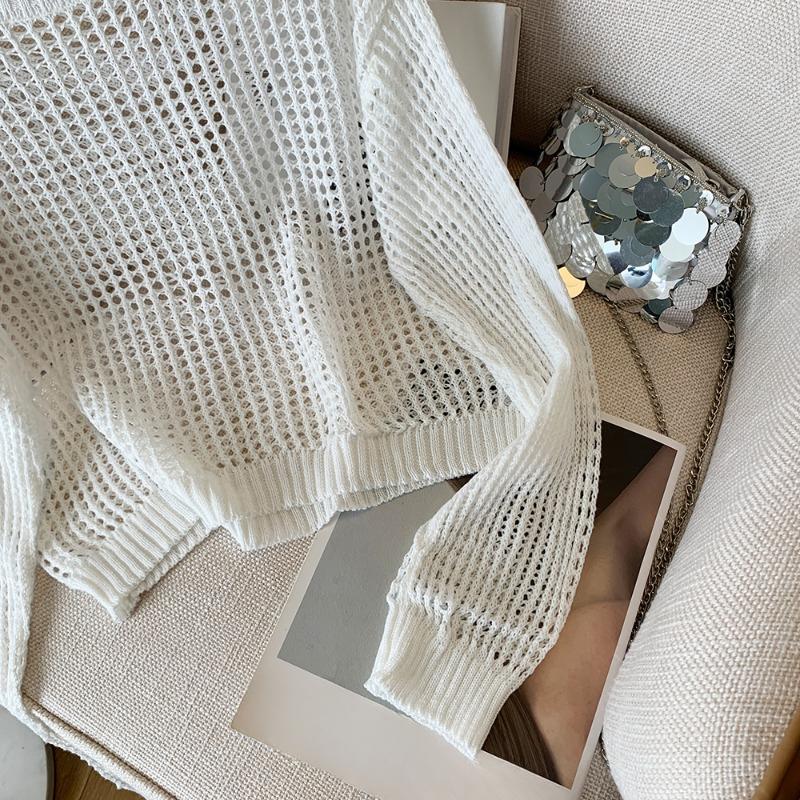 Модный свободный ажурный солнцезащитный вязаный свитер для женщин, осенний тонкий длинный рукав, круглый вырез, трикотаж, женские элегантные повседневные свитера 24799