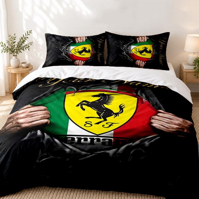 Ferrari Custom Name 3pc set Perfect for bedroom use Comfortable bedding set includes a duvet cover and two pillowcases Ideal birthday or Christmas gif