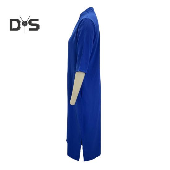 Summer Dress Three-quarter Sleeves Side Slit Loose V Neck Midi Dress with Pockets Solid Color Pleated Pullover Calf Length Casual Dress