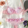 Perspective Mesh Color Embroidery Flower Steel Ring Gathers Three-point Sexy Lingerie Suit Women