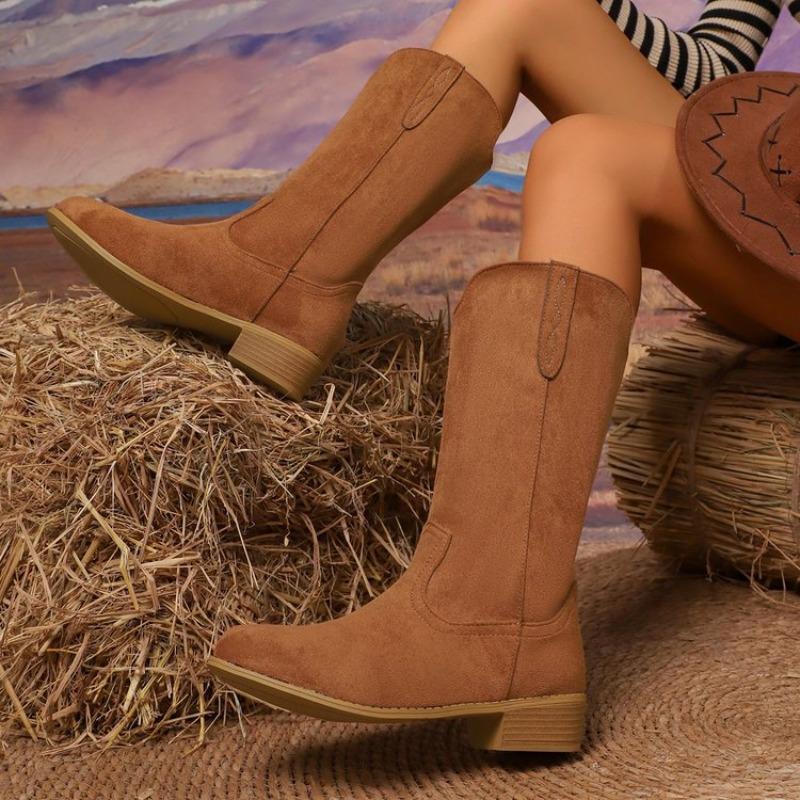 Женские осенние замшевые ковбойские сапоги в западном стиле - высокий каблук, вышивка, ретро, модные