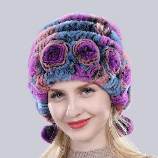 Горячая Распродажа Зимние Женские Шапки с Цветами и Полосками из Натурального Меха Рекса, Теплые Вязаные Шапки из Натурального Меха для Леди, Русские Уличные Меховые Шапки