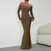 Женская мода однотонное сексуальное трикотажное платье с длинными рукавами и разрезом на плечах
