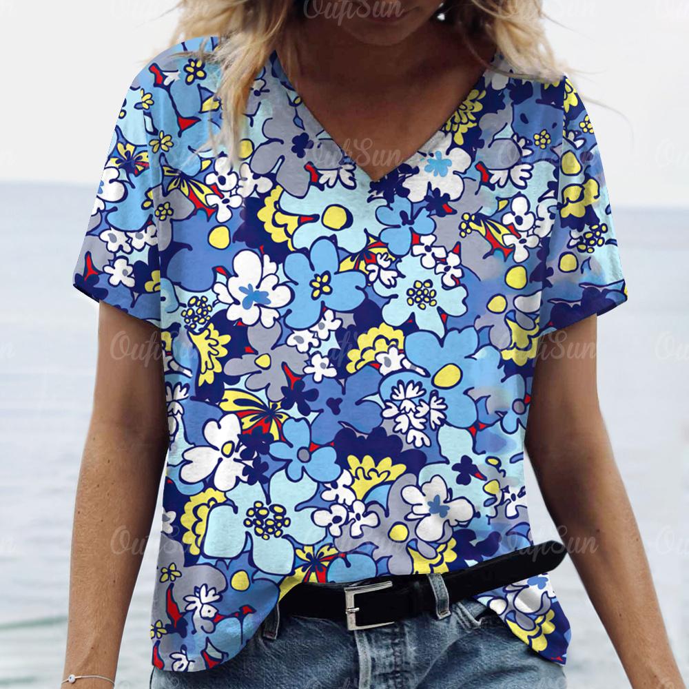 2024 Футболка для женщин Топы с цветочным принтом Женская свободная одежда Футболки Летние топы с V-образным вырезом Рубашка Футболки оригинального дизайна