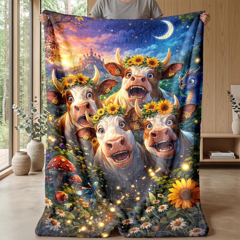 Fairy Highland Cow with Rainbow Theme blanket Lightweight Warm Flannel Blanket Decorative Throw Blanket for Home Decoration