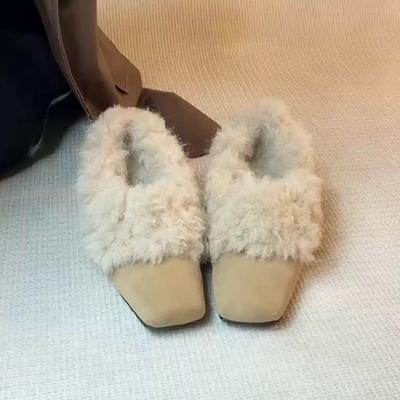 Версия из овчины~ замшевые туфли с квадратным носком и внутренней платформой, на меху, флисовые одинарные туфли, женские осенне-зимние универсальные пушистые туфли
