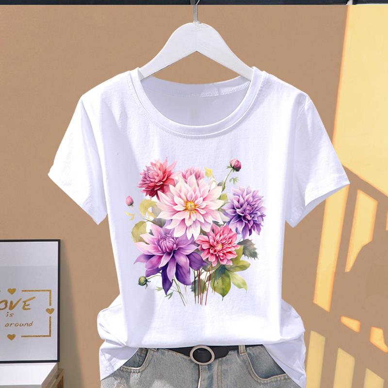 (Asian Size) Graphic Tee Casual T Clothing Sweet Flower Floral Trend Cute Print Female Casual Women's Top Fashion Short Sleeve T-shirt