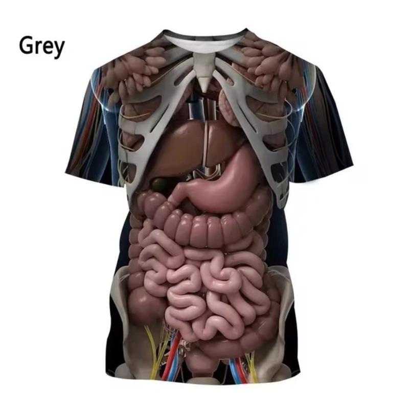 Fashion New Printing Human Organs and Bones Men's T-shirt Casual Short Sleeved Round Neck Harajuku Large Comfortable