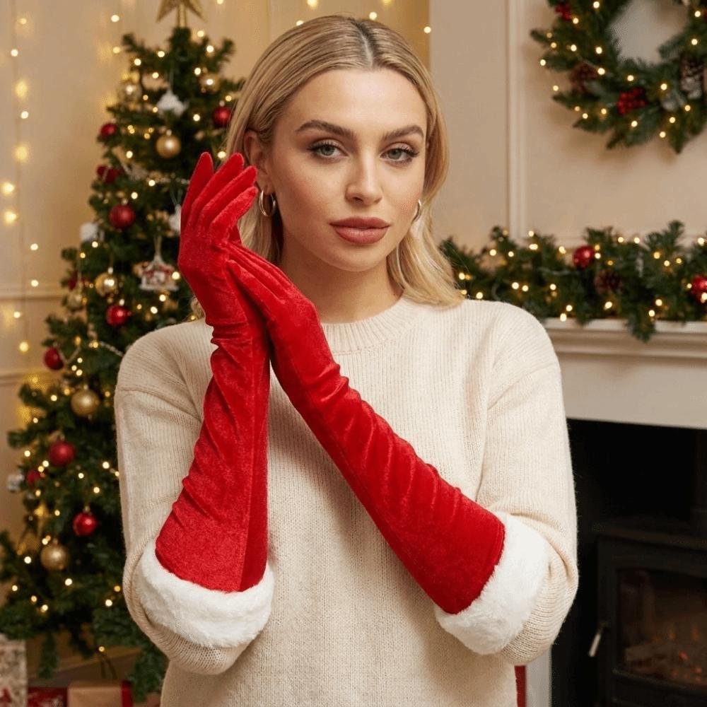White Furry Cuff Velvet Long Gloves Plush Etiquette Mittens Elegant Christmas Gloves Party