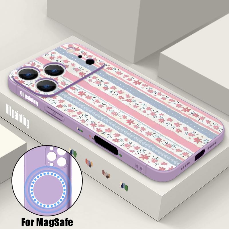 Магнитный чехол For Magsafe для iPhone 17 Pro Max с принтом «Цветочные полоски», мягкий силиконовый чехол-задняя крышка для iPhone 16 15 14 13 Pro Max 16e 17e