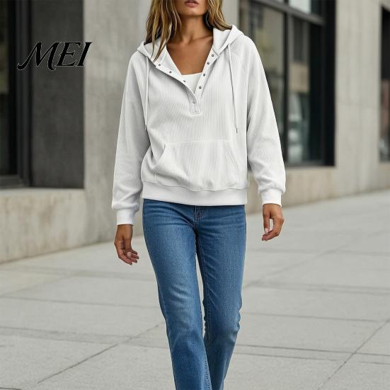 Solid Color Hoodie with Pocket Autumn Women Corduroy Kangaroo Pocket, Long Sleeves Pullover Sweatshirt, Button Collar Drawstring Casual Hooded Top