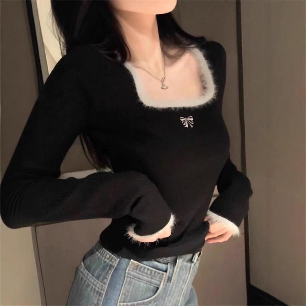 Женский топ с мягким квадратным воротником и застежкой на ключицу — облегающий, модный, стиль осень/зима