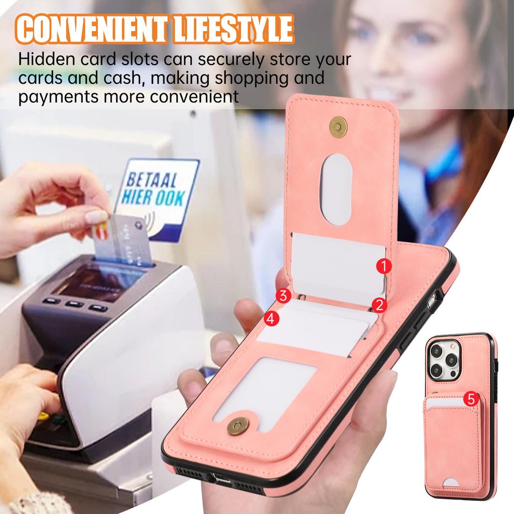 For iPhone 15 Pro Max Case Card Holder Kickstand Leather+TPU Phone Cover with Shoulder Strap