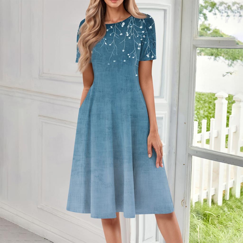 Женское повседневное модное платье миди с круглым вырезом и коротким рукавом с принтом