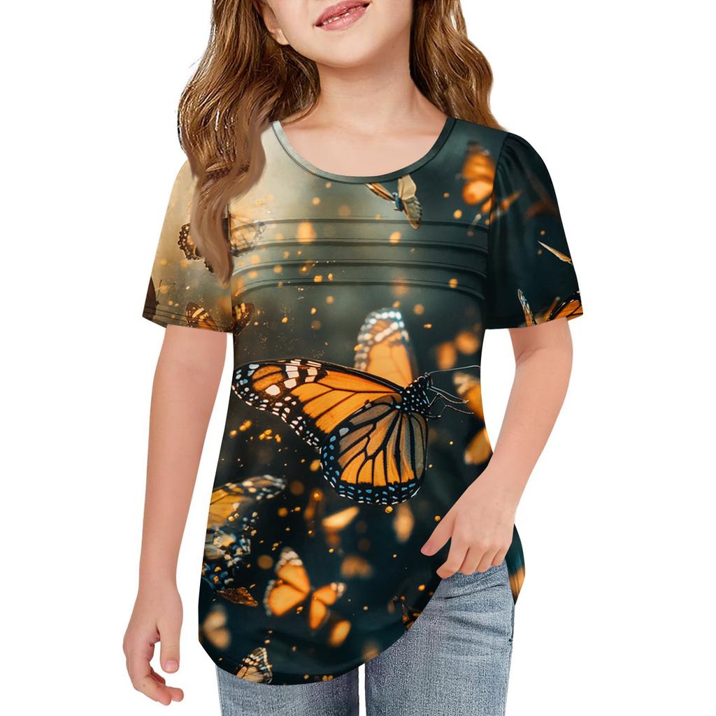 Детские футболки-складки, летние футболки с короткими рукавами и круглым воротником, с принтом цветов, пальто для отдыха