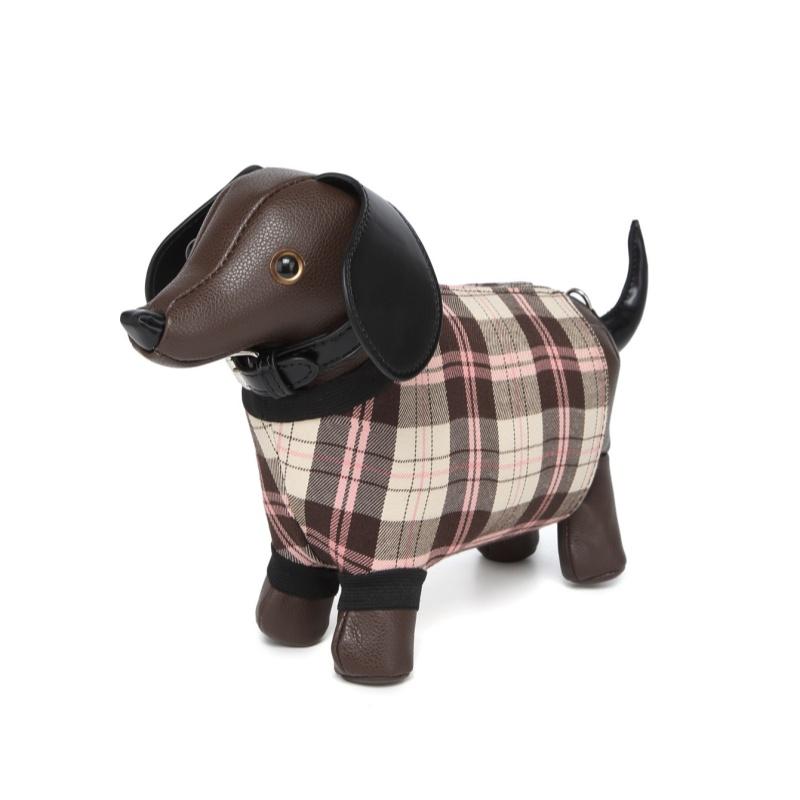 Fashionable And Creative Design Sausage Dog Shaped Crossbody Bag Women's Plaid Splicing Cartoon Cute Doll Bags