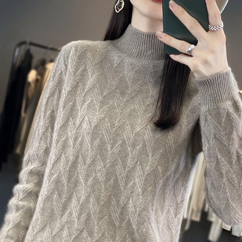Women's Autumn & Winter Seven-Needle Jacquard Pullover Sweater - Half-High Collar, Thick Knit Base Layer