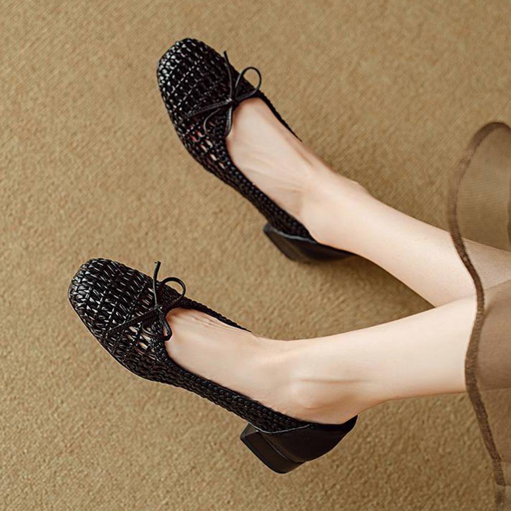 Krazing Pot Cow Skin Weaving Summer Size 41 Low Heels Party Shoes Women Square Toe Gladiator Butterfly-knot Hollow Out Pumps